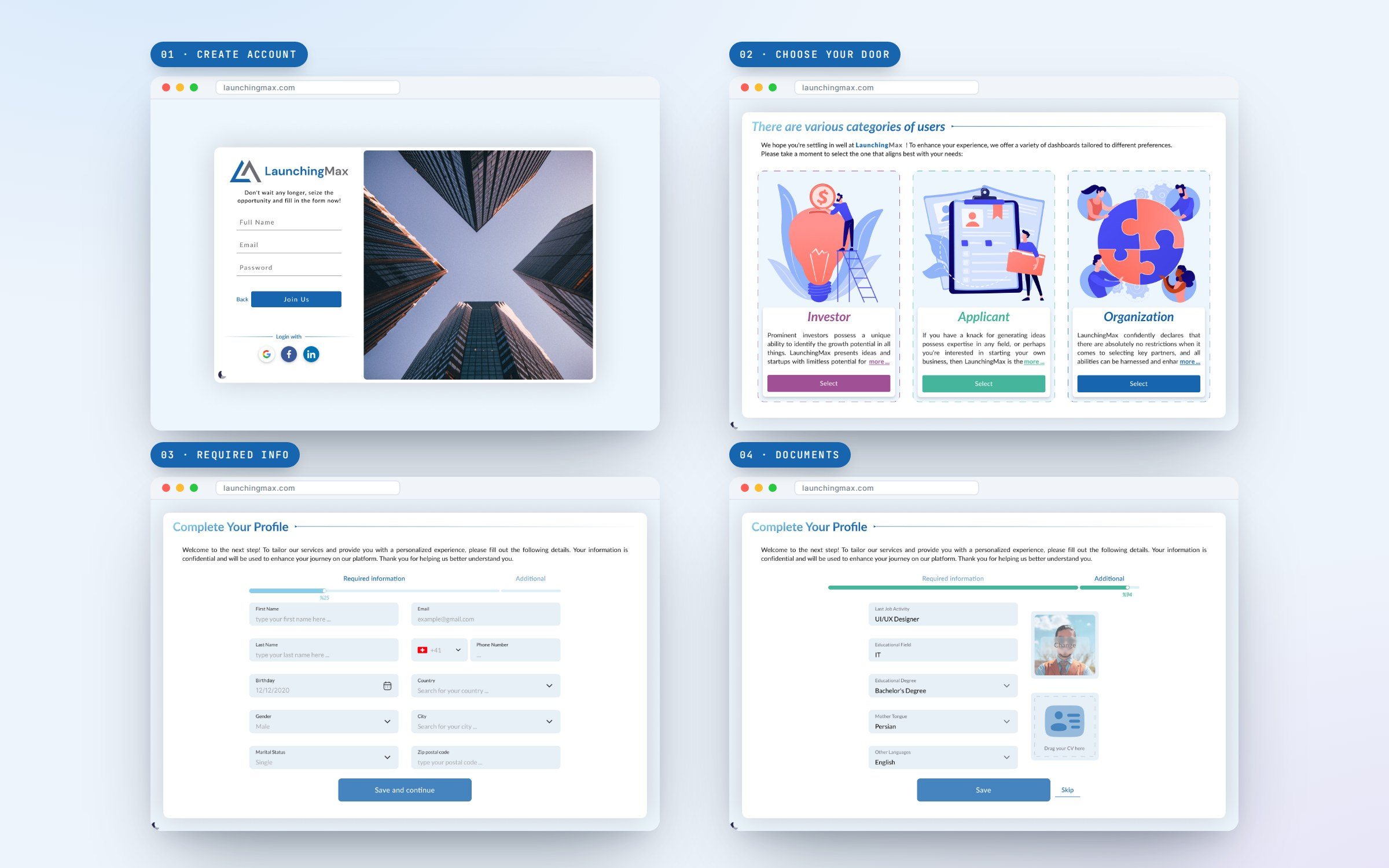 LaunchingMax — sign-up on desktop: account, choosing a door, required info, documents