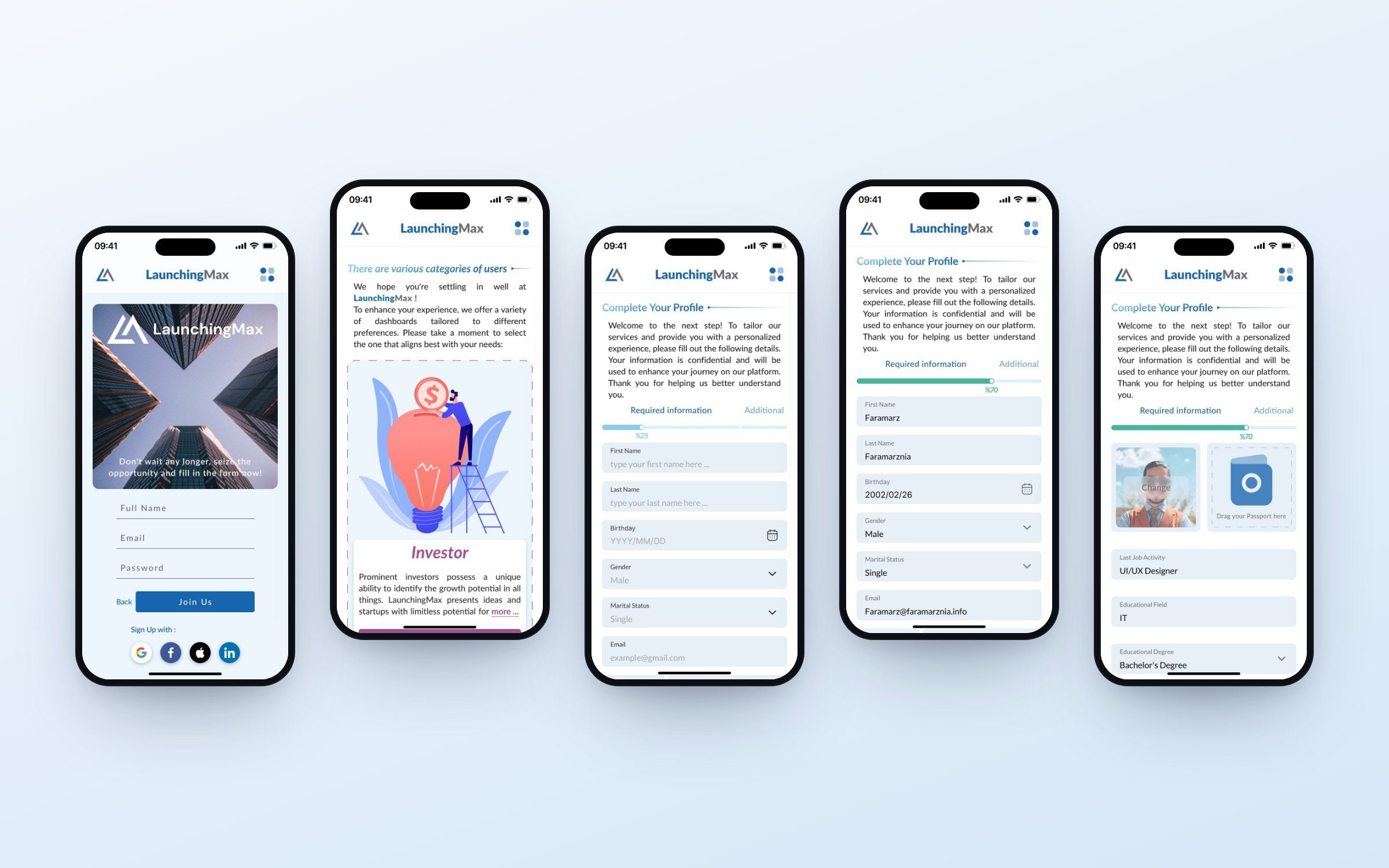 LaunchingMax — sign-up on mobile, with the profile filling from 25% to 70%