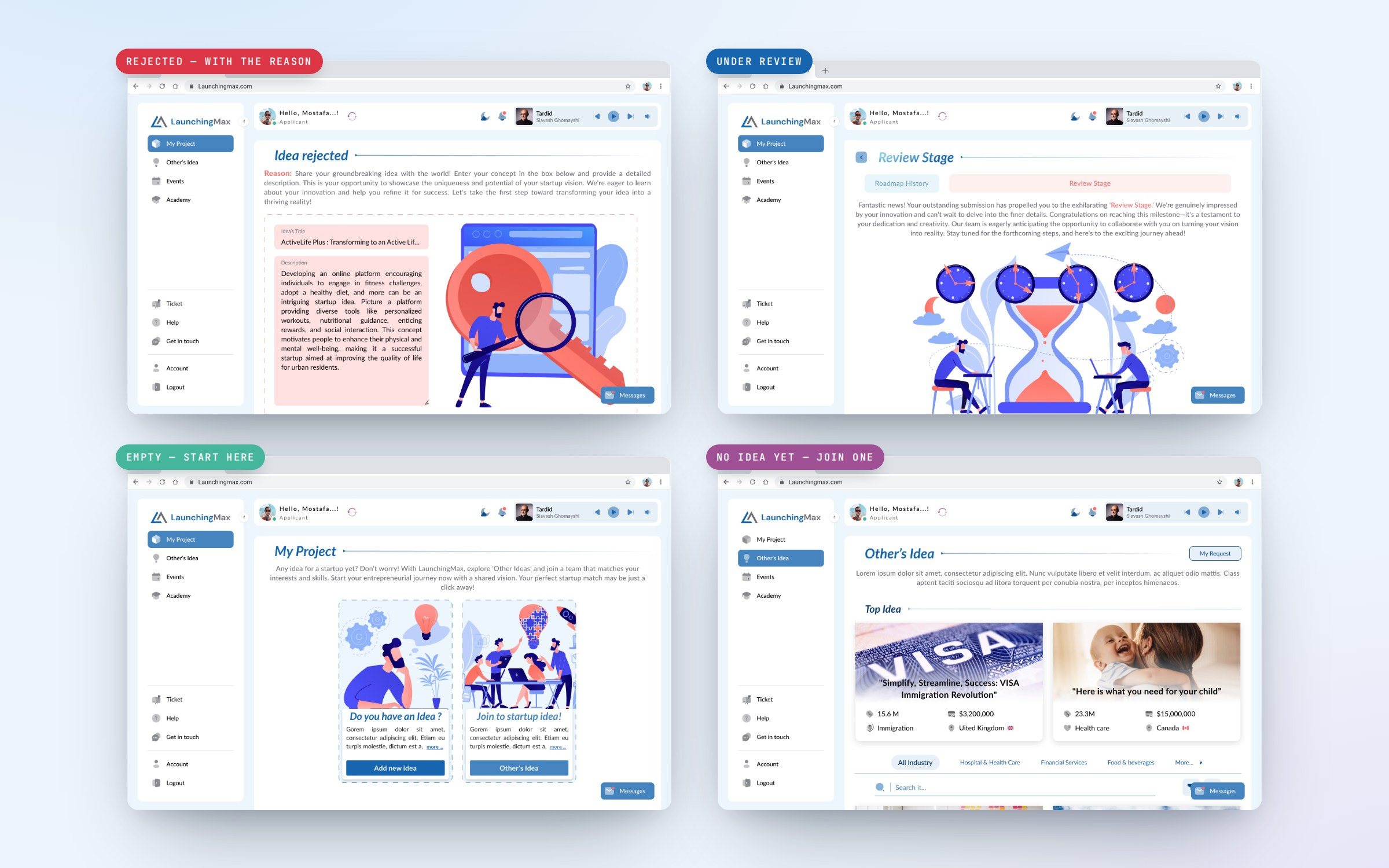 LaunchingMax — the screens nobody shows: rejected with a reason, under review, empty, join a team