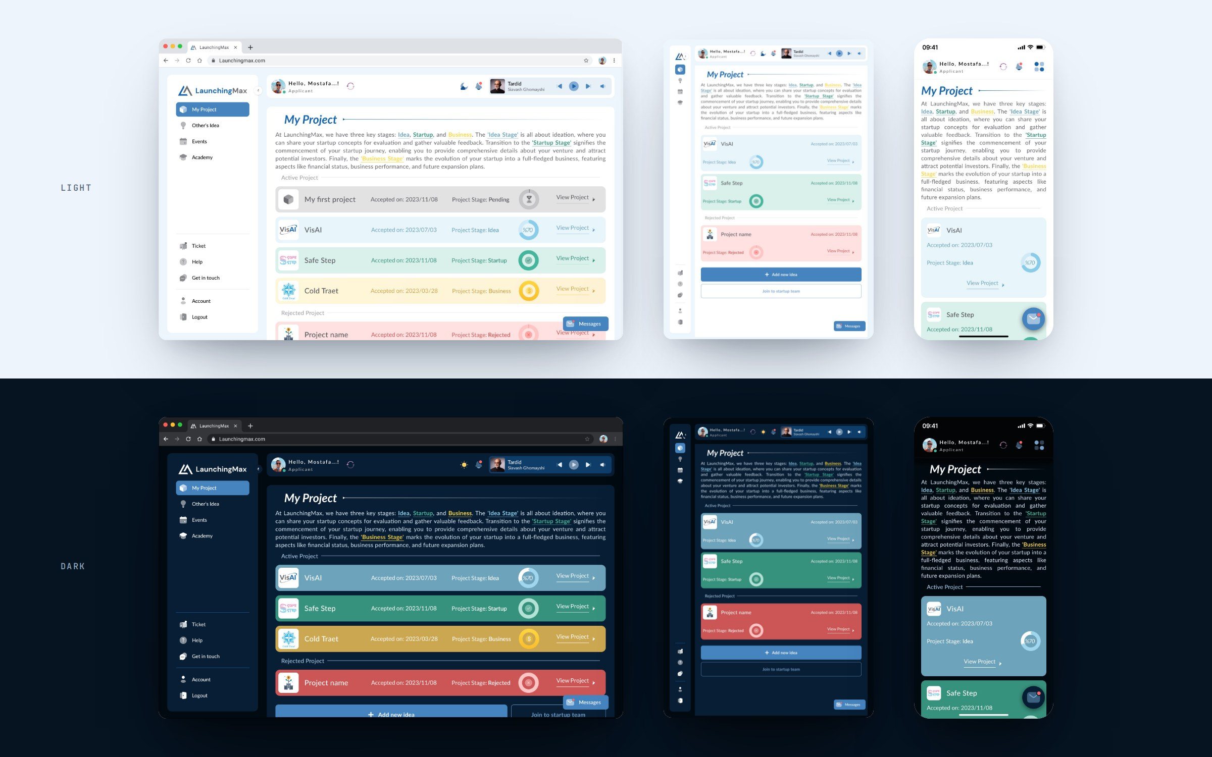 LaunchingMax — one screen in six states: three widths, light and dark
