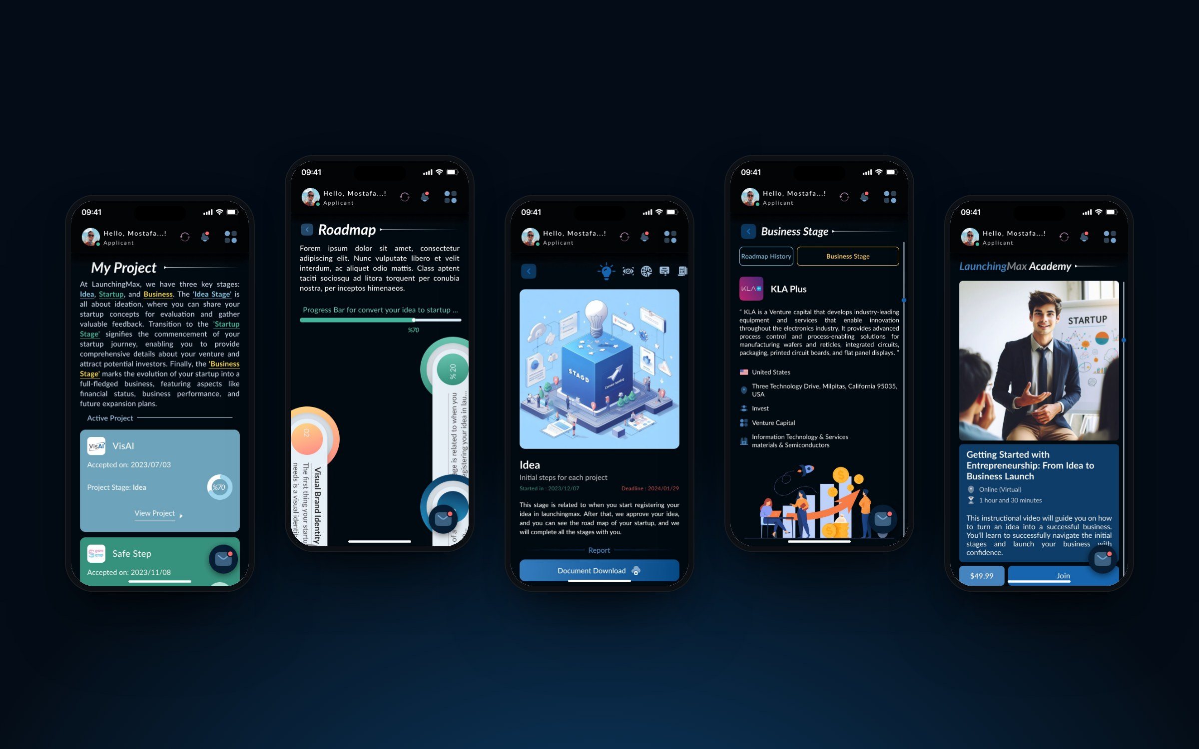 LaunchingMax — the founder dashboard on mobile, dark theme